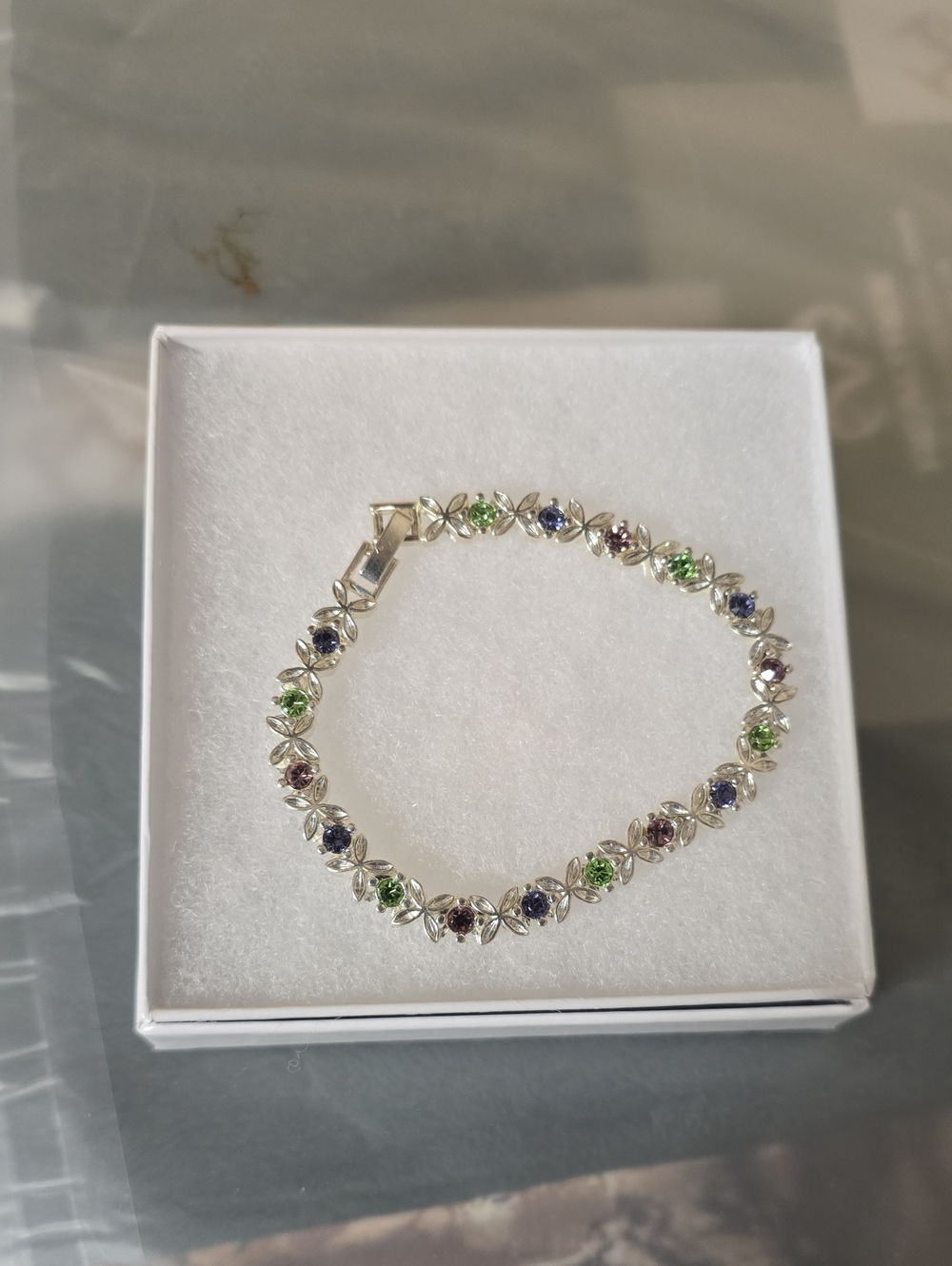 Silver Multicolor Gemstone Bracelet - Green, Purple, Blue